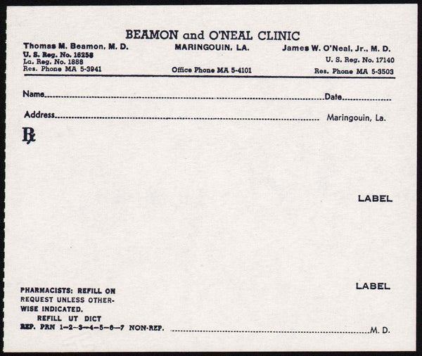 Vintage receipt BEAMON and O NEAL CLINIC prescription Maringouin Louisiana n-mint+