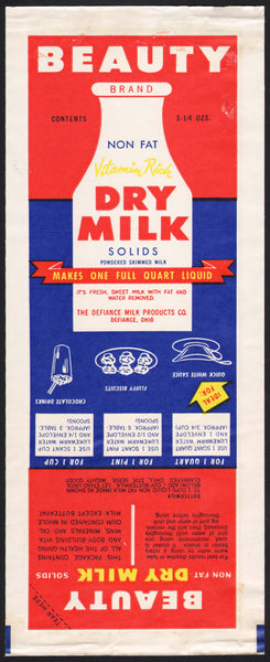 Vintage label BEAUTY BRAND Dry Milk Solids Defiance Ohio unused new old stock