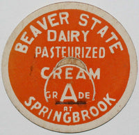 Vintage milk bottle cap BEAVER STATE DAIRY Cream at Springbrook new old stock
