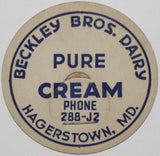 Vintage milk bottle cap BECKLEY BROS DAIRY Pure Cream Hagerstown Maryland unused