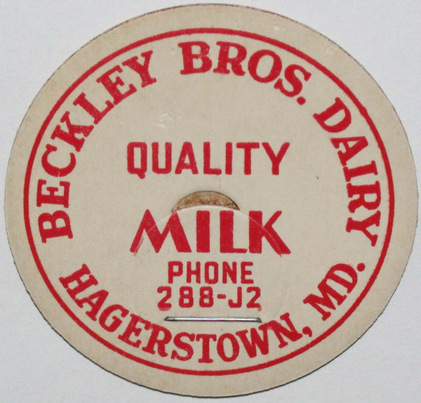 Vintage milk bottle cap BECKLEY BROS DAIRY Quality Milk Hagerstown Maryland unused