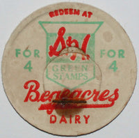 Vintage milk bottle cap BEGEACRES DAIRY S and H Green Stamps Ithica New York