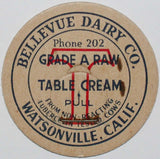 Vintage milk bottle cap BELLEVUE DAIRY Table Cream Watsonville California unused