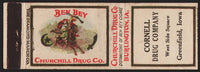 Vintage matchbook cover BEN BEY cigars Churchill Drug Cornell Drug Greenfield Iowa