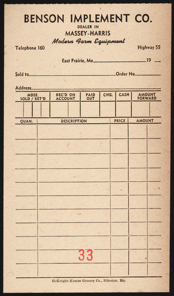 Vintage receipt BENSON IMPLEMENT CO Massey Harris Tele 160 East Prairie Missouri