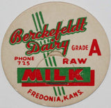 Vintage milk bottle cap BERCKEFELDT DAIRY Raw Milk Fredonia Kansas new old stock
