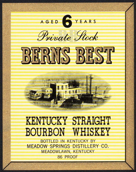 Vintage label BERNS BEST Kentucky Whiskey Meadow Spring Distillery Meadowlawn KY