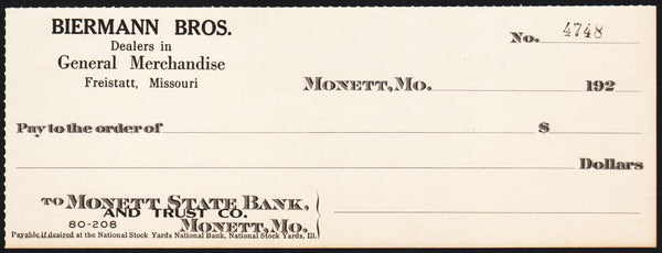 Vintage bank check BIERMANN BROS dated 1920s Freistatt and Monett Missouri n-mint