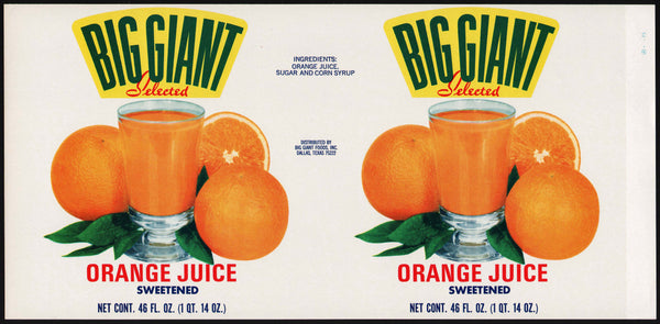 Vintage label BIG GIANT Orange Juice oranges picture Dallas Texas unused n-mint+