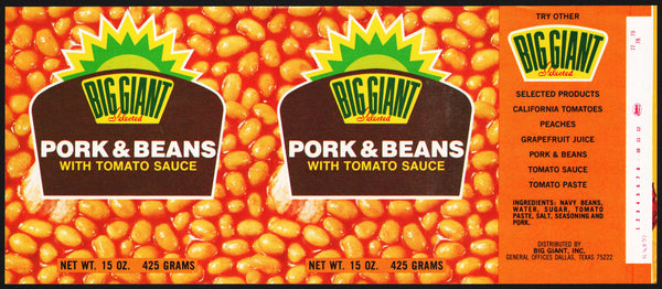 Vintage label BIG GIANT Pork and Beans pic Dallas Texas new old stock n-mint+
