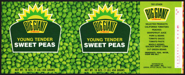 Vintage label BIG GIANT Sweet Peas pictured Dallas Texas new old stock n-mint+