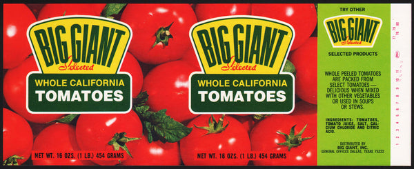 Vintage label BIG GIANT Tomatoes pictured Dallas Texas new old stock n-mint+