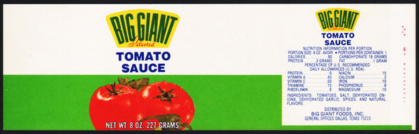 Vintage label BIG GIANT Tomato Sauce Dallas Texas unused new old stock n-mint+