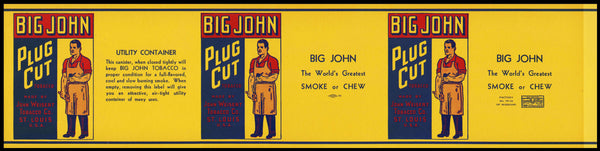 Vintage label BIG JOHN PLUG CUT Tobacco man pictured John Weisert St Louis MO