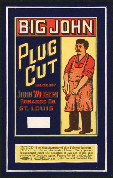 Vintage label BIG JOHN PLUG CUT Tobacco man pictured small size St Louis MO