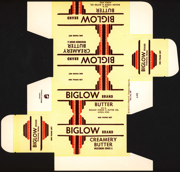 Vintage box BIGLOW CREAMERY BUTTER dated 1933 Avoca Wisconsin new old stock n-mint