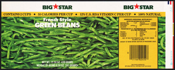 Vintage label BIG STAR Green Beans pictured Atlanta Georgia new old stock n-mint+