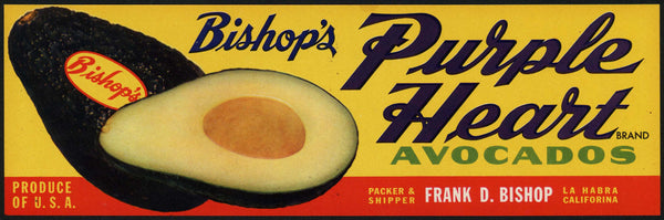Vintage label BISHOPS Purple Heart Avocados pictured La Habra California n-mint+