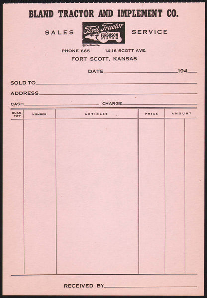 Vintage receipt BLAND TRACTOR IMPLEMENT Ford Ferguson 1940s Fort Scott Kansas