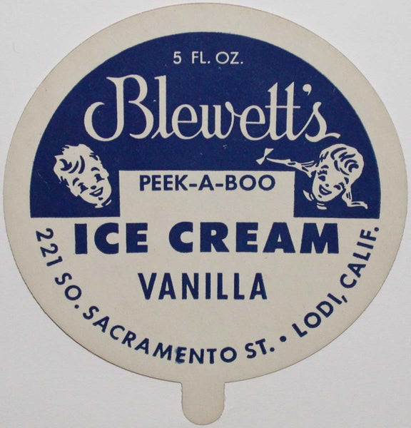 Vintage lid BLEWETTS Peek A Boo Ice Cream Vanilla kids pictured Lodi California