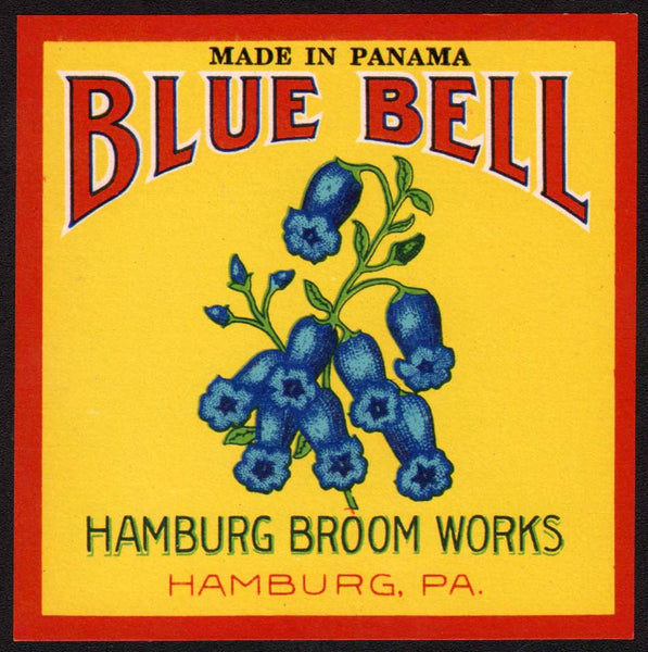 Vintage label BLUE BELL flower picture Hamburg Broom Works Pennsylvania n-mint+