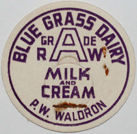 Vintage milk bottle cap BLUE GRASS DAIRY Raw Milk and Cream P W Waldron unused