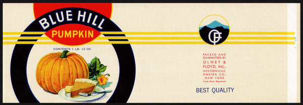 Vintage label BLUE HILL Pumpkin Olney and Floyd Westernville Oneida Co New York