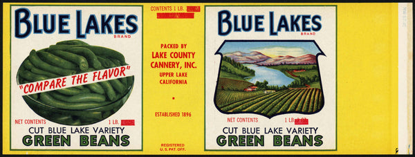Vintage label BLUE LAKES Green Beans pictured Lake County Upper Lake California