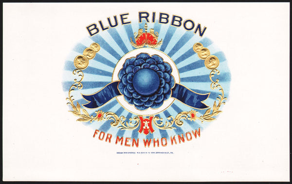 Vintage label BLUE RIBBON cigar box inner For Men Who Know embossed n-mint+