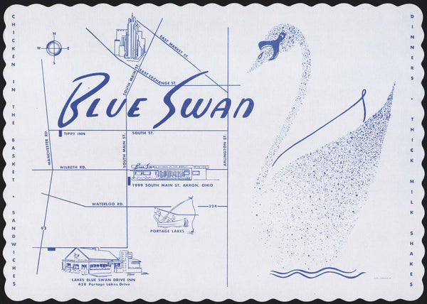 Vintage placemat BLUE SWAN 2 restaurants swan and map pictured Akron Ohio n-mint