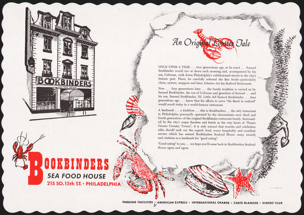 Vintage placemat BOOKBINDERS SEA FOOD HOUSE Lobster Tale story Philadelphia n-mint+