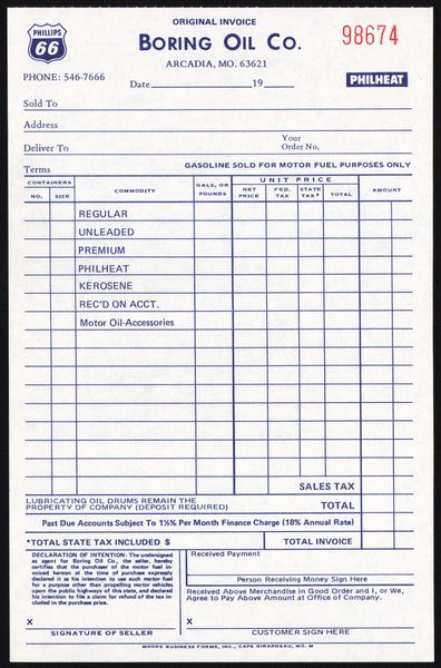 Vintage receipt BORING OIL Phillips 66 gas Arcadia Missouri unused n-mint+ condition