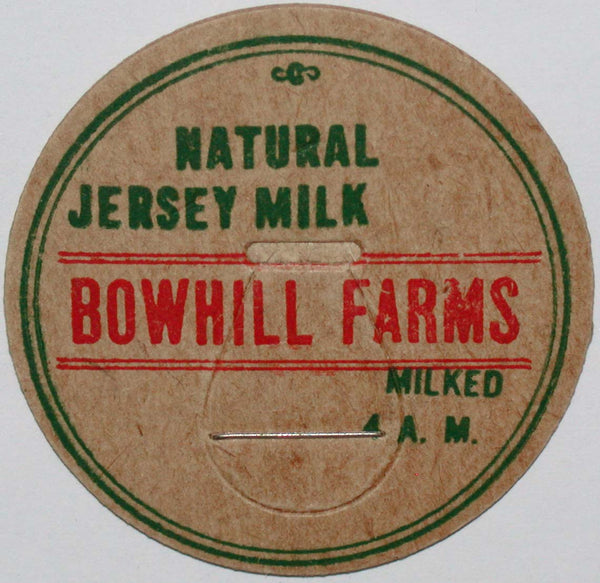 Vintage milk bottle cap BOWHILL FARMS Natural Jersey Milk Bow Washington unused