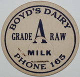Vintage milk bottle cap BOYDS DAIRY Grade A Raw Milk Phone 165 new old stock
