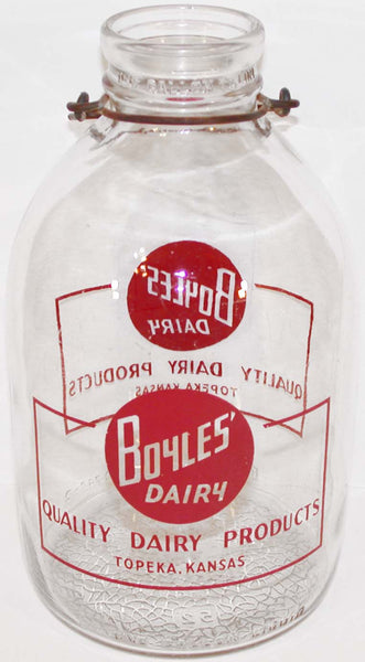 Vintage milk bottle BOYLES DAIRY round One Gallon pyro Topeka Kansas excellent++