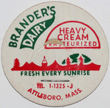 Vintage milk bottle cap BRANDERS DAIRY Heavy Cream farm Attleboro Massachusetts