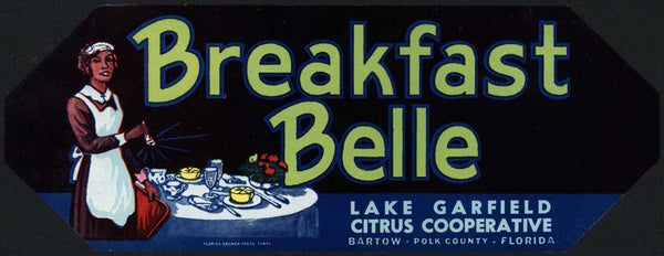 Vintage label BREAKFAST BELLE woman pictured Lake Garfield Citrus Polk Bartow Florida
