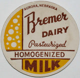 Vintage milk bottle cap BREMER DAIRY Homogenized Milk Aurora Nebraska unused