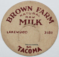 Vintage milk bottle cap BROWN FARM Natural Raw Milk Tacoma Washington unused