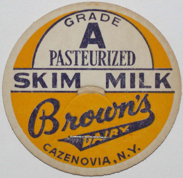 Vintage milk bottle cap BROWNS DAIRY Skim Milk Cazenovia New York new old stock