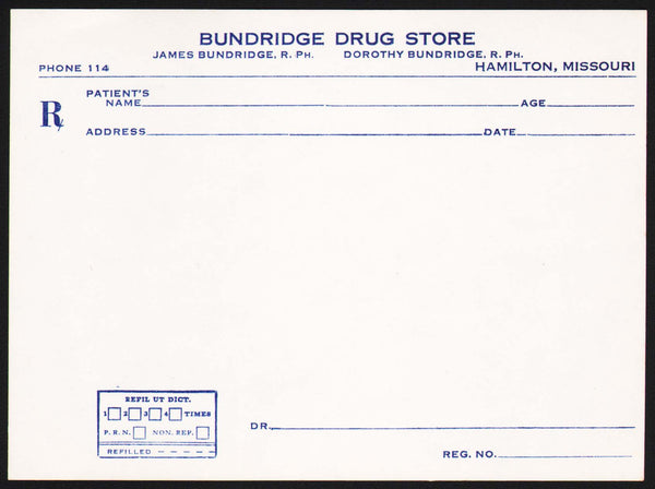 Vintage receipt BUNDRIDGE DRUG STORE prescription Hamilton Missouri unused n-mint+