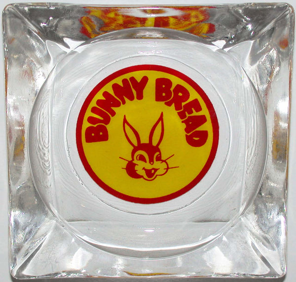 Vintage glass ashtray BUNNY BREAD picturing the rabbit yellow and red n-mint+