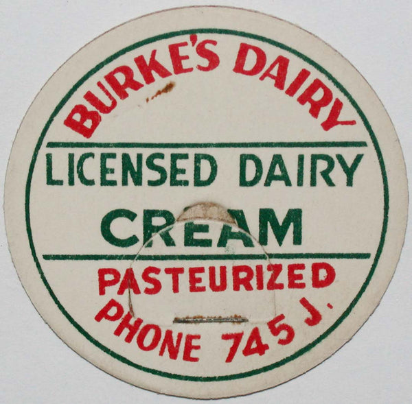 Vintage milk bottle cap BURKES DAIRY Licensed Cream Phone 745J Lewistown Montana