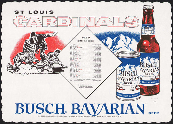 Vintage placemat BUSH BAVARIAN BEER St Louis Cardinals 1959 Home Schedule shown