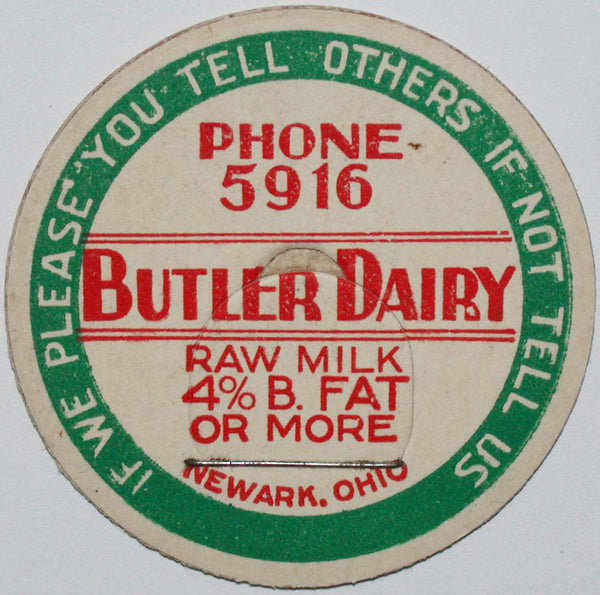 Vintage milk bottle cap BUTLER DAIRY Phone 5916 Newark Ohio unused new old stock