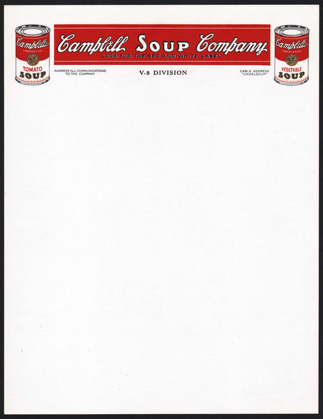 Vintage letterhead CAMPBELL SOUP COMPANY soup cans V-8 Division Cable Address