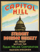 Vintage label CAPITOL HILL Bourbon Whiskey Frank Melnik Madison Wisconsin n-mint+