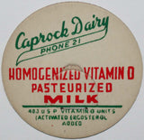 Vintage milk bottle cap CAPROCK DAIRY Vitamin D Phone 21 Sulphur Springs Texas