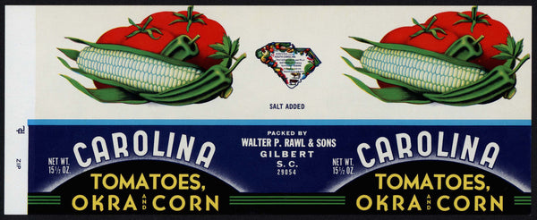 Vintage label CAROLINA Tomatoes Okra and Corn pictured Walter Rawl Gilbert SC