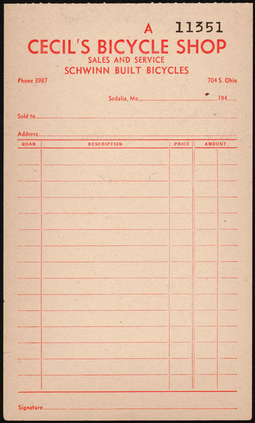 Vintage receipt CECILS BICYCLE SHOP Schwinn Huffman Whizzer Sedalia MO n-mint